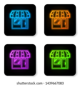 Glowing neon Shopping building or market store icon isolated on white background. Shop construction. Black square button. Vector Illustration