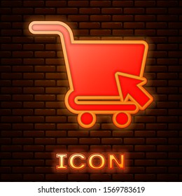 Glowing neon Shopping cart with cursor icon isolated on brick wall background. Online buying concept. Delivery service sign. Supermarket basket symbol.  Vector Illustration