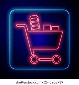 Glowing neon Shopping cart and food icon isolated on blue background. Food store, supermarket.  Vector