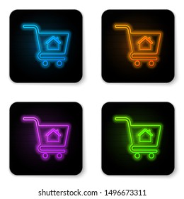 Glowing neon Shopping cart with house icon isolated on white background. Buy house concept. Home loan concept, rent, buying a property. Black square button. Vector Illustration