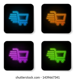 Glowing neon Shopping cart icon isolated on white background. Online buying concept. Delivery service sign. Supermarket basket symbol. Black square button. Vector Illustration
