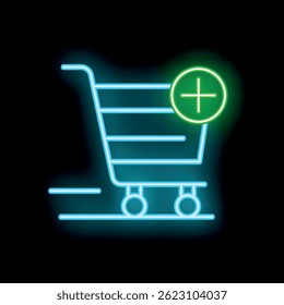 Glowing neon shopping cart icon is speeding down a track, adding items to the shopping cart with a plus sign