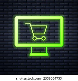 Carrito de compras de neón brillante en el icono del monitor aislado en el fondo de la pared de ladrillo. Concepto de comercio electrónico, comercio electrónico, marketing de negocios en línea.  Vector