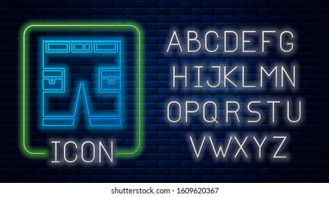 Glowing neon Short or pants icon isolated on brick wall background. Neon light alphabet. Vector Illustration