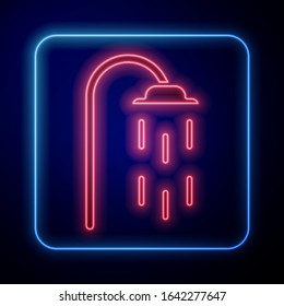 Glowing neon Shower head with water drops flowing icon isolated on blue background.  Vector Illustration