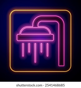 Glowing neon Shower head with water drops flowing icon isolated on black background.  Vector