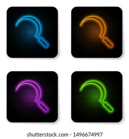 Glowing neon Sickle icon isolated on white background. Reaping hook sign. Black square button. Vector Illustration