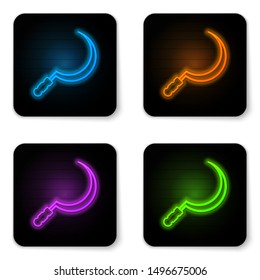 Glowing neon Sickle icon isolated on white background. Reaping hook sign. Black square button. Vector Illustration