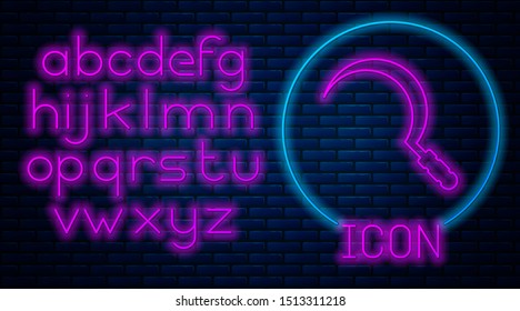 Glowing neon Sickle icon isolated on brick wall background. Reaping hook sign. Neon light alphabet. Vector Illustration