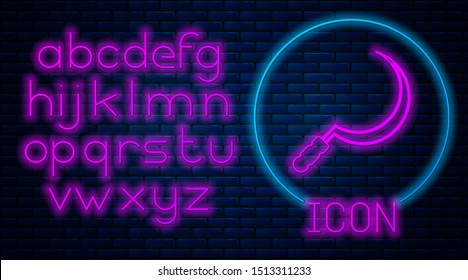 Glowing neon Sickle icon isolated on brick wall background. Reaping hook sign. Neon light alphabet. Vector Illustration