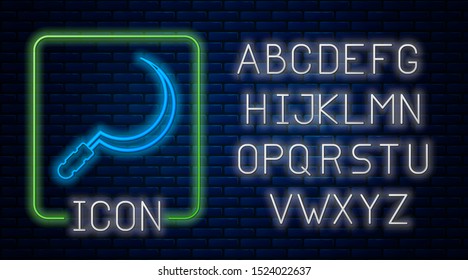 Glowing neon Sickle icon isolated on brick wall background. Reaping hook sign. Neon light alphabet. Vector Illustration