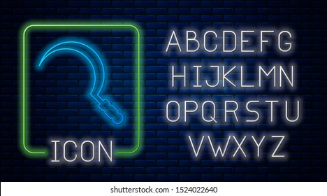 Glowing neon Sickle icon isolated on brick wall background. Reaping hook sign. Neon light alphabet. Vector Illustration