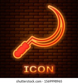 Glowing neon Sickle icon isolated on brick wall background. Reaping hook sign.  Vector Illustration