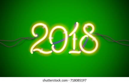 Glowing neon sign 2018 with wires, tubes and brackets. Vector element for New Year card, logo or other design.