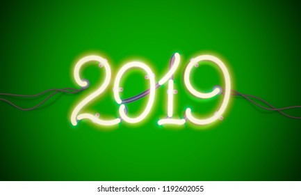 Glowing neon sign 2019 with wires, tubes and brackets. Vector element for New Year card, logo or other design.