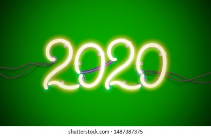 Glowing neon sign 2020 with wires, tubes and brackets. Vector element for New Year card, logo or other design.