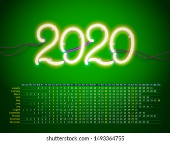 Glowing neon sign 2020 with wires, tubes and brackets. Vector element for New Year card, logo or other design.