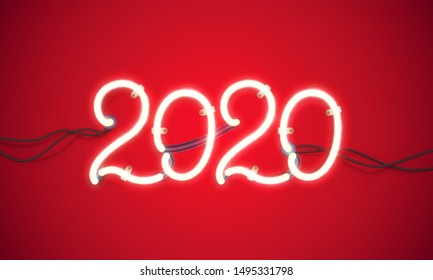 Glowing neon sign 2020 with wires, tubes and brackets. Vector element for New Year card, logo or other design.