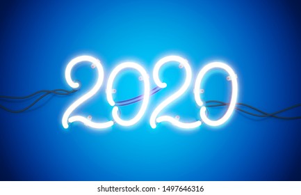 Glowing neon sign 2020 with wires, tubes and brackets. Vector element for New Year card, logo or other design.