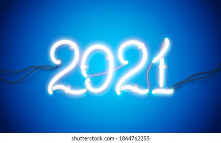 Glowing neon sign 2021 with wires, tubes and brackets. Vector element for New Year card, logo or other design.