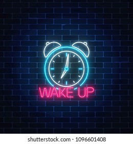 Glowing neon sign with alarm clock and motivation text on dark brick wall background. Call to action symbol with cheering inscription. Its time to work. Vector illustration.