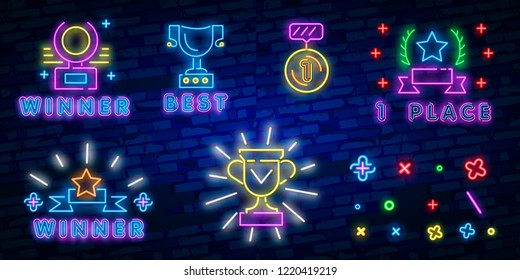 Glowing neon sign with award cup. Winner concept neon vector design, colorful illustration on the wall. Winner cup honorary trophy neon symbol.