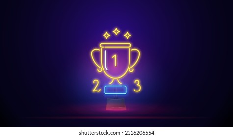 Un brillante signo de neón con un vaso de premio con el primer segundo y tercer lugar en el estrado. Símbolo neón del trofeo honorario de la copa del ganador. Ilustración del vector