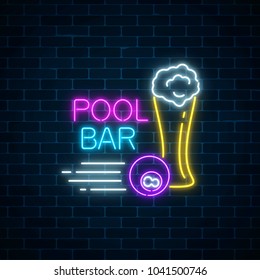 Glowing neon sign of bar with pool including glass of beer and billiard ball. Signboard of pub with billiard table. Vector illustration on dark brick wall background.