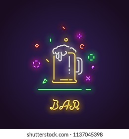 Glowing neon sign of big glass with fresh yellow live beer and white foam. Bar letters glowing in retro colors. Beer festival or bar concept. Abstract neon dots and crosses.
