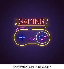 Glowing neon sign of big retro gamepad with buttons and text. Gaming letters glowing in retro colors. Joystick and retro game concept. Neon lamp bright signboard.