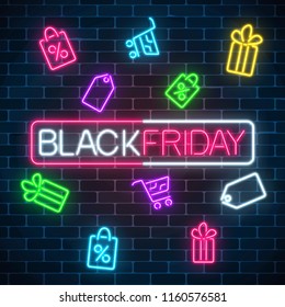 Glowing neon sign of black friday sale in rectangle frame with shopping symbols on dark brick wall background. Seasonal sale web banner. Vector illustration. Black friday light signboard.