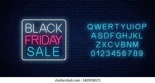 Glowing neon sign of black friday sale in rectrangle frame with alphabet on dark brick wall background. Seasonal sale web banner. Vector illustration. Black friday light signboard.