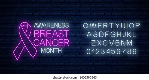 Glowing neon sign of breast canser awareness month in october with alphabet. Neon poster design with pink ribbon and text on dark brick wall background. Vector illustration.