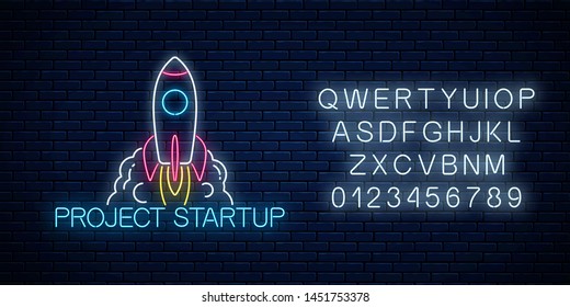 Glowing neon sign of business project startup with alphabet on dark brick wall background. Business fast start symbol as a flying rocket in neon style. Vector illustration.