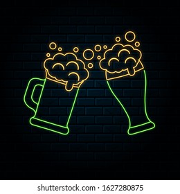 Glowing neon sign with clinking beer glass and mug. Vector isolated illustration. Icon for night pub background. Led luminous sign for alcohol bar signboard.