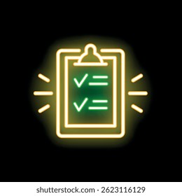 Glowing neon sign of a clipboard with two green check marks on a black background
