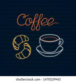 Glowing neon sign with coffee cup and croissant. Vector isolated illustration. Icon for cafe background. Led luminous sign for coffee shop or cafeteria signboard.