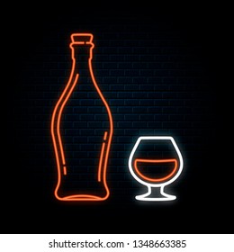 Glowing neon sign with cognac bottle and glass. Vector isolated illustration. Icon for night alcohol bar background. Led luminous sign for pub signboard.