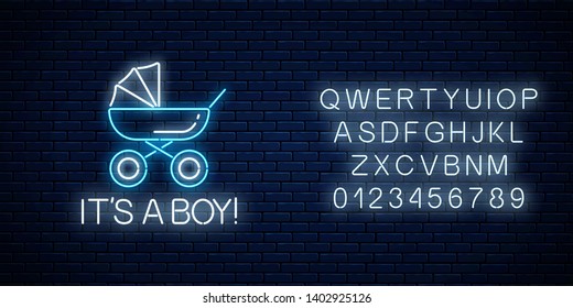Glowing neon sign with congratulations on the birth of a baby boy with alphabet on dark brick wall background. Baby carriage symbol with its a boy text in neon style. Vector illustration.