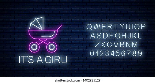 Glowing neon sign with congratulations on the birth of a baby girl with alphabet on dark brick wall background. Baby carriage symbol with its a girl text in neon style. Vector illustration.