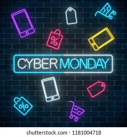 Glowing neon sign of cyber monday sale in rectangle frame with shopping symbols on dark brick wall background. Seasonal sale web banner. Vector illustration. Cyber monday light signboard.