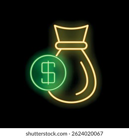 Glowing neon sign depicting a dollar symbol and a tied money bag, conveying financial concepts
