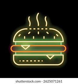 Glowing neon sign depicting a hot and delicious cheeseburger, perfect for restaurants, menus, and food related designs