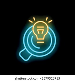 Glowing neon sign depicting a light bulb emerging from a cup of coffee, symbolizing new ideas and creative thinking