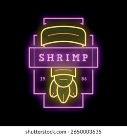 Glowing neon sign depicting a shrimp with its name below, typically found in a seafood restaurant