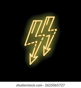 Glowing neon sign depicting a yellow lightning bolt striking downwards, on a black background