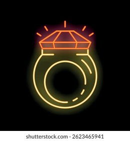 Glowing neon sign of a diamond ring shining bright with an orange light on a black background