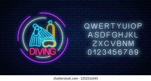 Glowing neon sign of diving beach club with flipers, mask and balloon symbols in circle frames with alphabet on dark brick wall background. Summer leisure club emblem. Vector illustration.