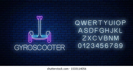 Glowing neon sign of electric gyroscooter with alphabet. Two-wheeled gyro-scooter eco transport. Vector illustration. Self-balancing hoverboard symbol on dark brick wall background.