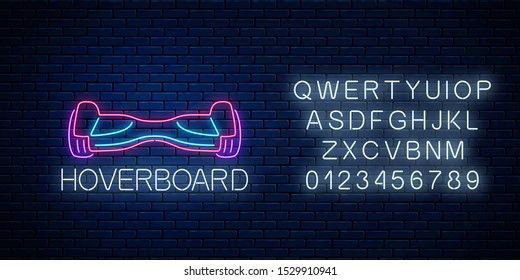 Glowing neon sign of electric hoverboard with alphabet. Two-wheeled gyroscooter eco transport. Vector illustration. Self-balancing electro transport symbol on dark brick wall background.